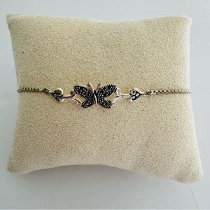 Signed CW Butterfly Bolo Bracelet Adjustable Silver Tone Marcasite Style